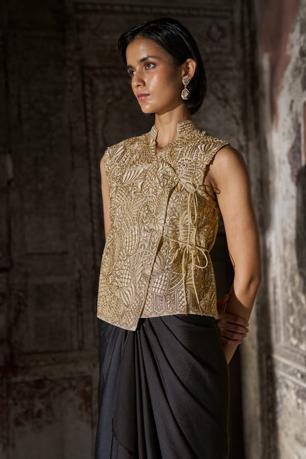 Beige Gold Embroidered Wrap Waistcoat Sleeveless Top — Dash and Dot
