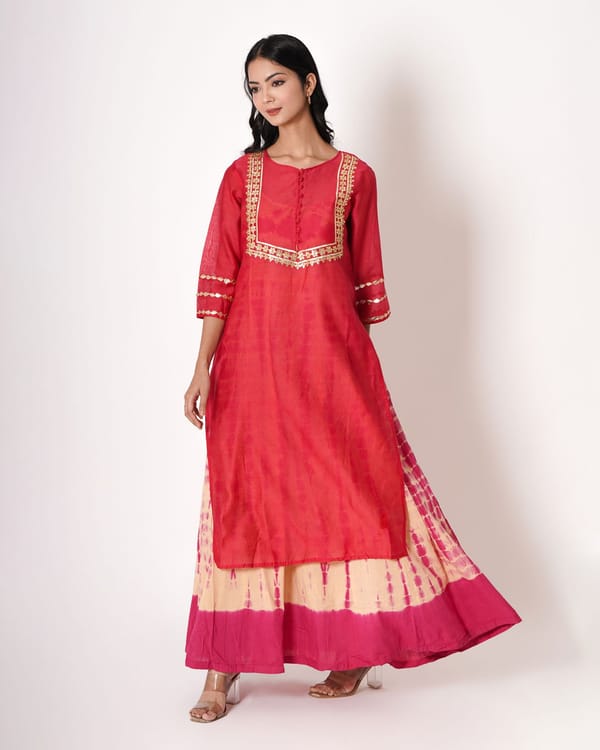Mahogany Red Gota Work Chanderi Kurta & Dress Set — Kameez