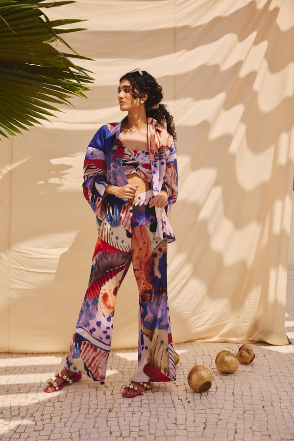 Multicolour Abstract Printed Wide-Leg Cotton Linen Trousers — Zip by Payal Zinal