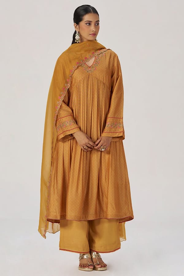 Light Mustard Print and Embroidered Festive Kurta Set — Ganga Fashions Pvt Ltd