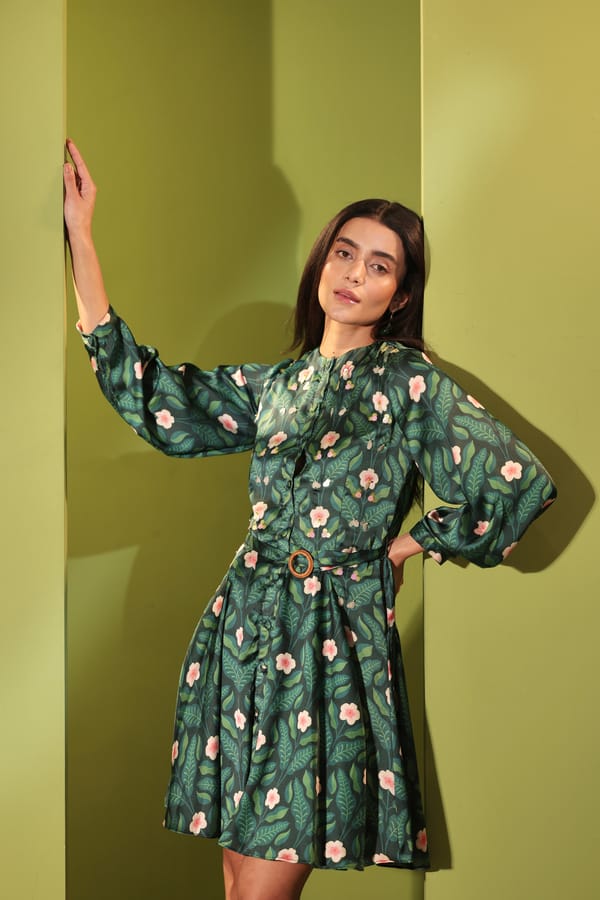 Multi/Green Floral Satin Belted Mini Shirt Dress — MANVI DAGA STUDIO