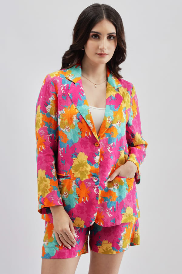 Fuschia Floral Printed Linen Blazer with Notched Lapels — Linen Bloom