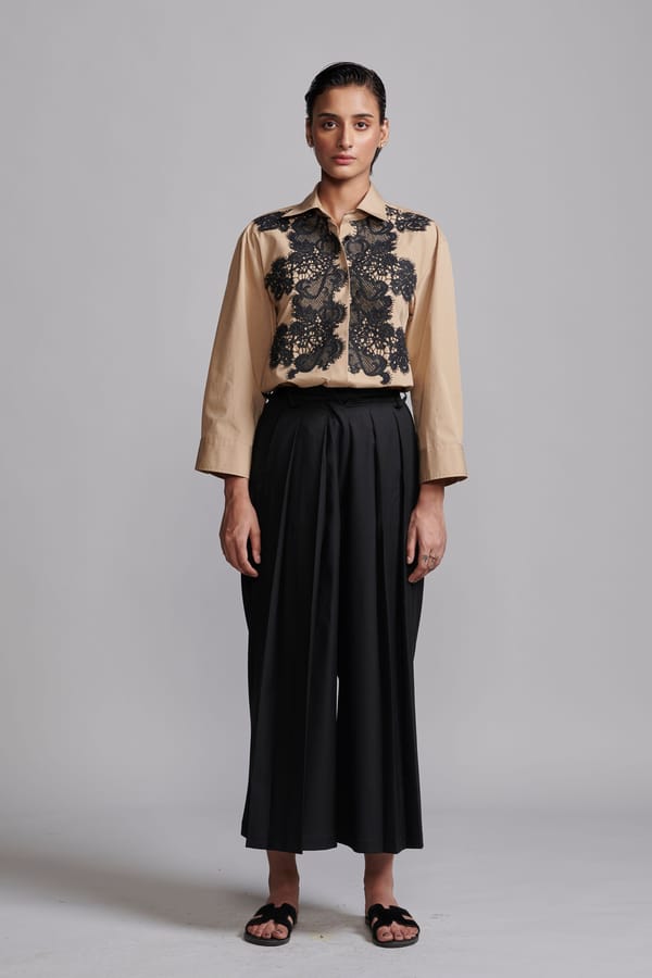 Khaki Cotton Poplin Shirt with Black Lace Applique — Dash and Dot