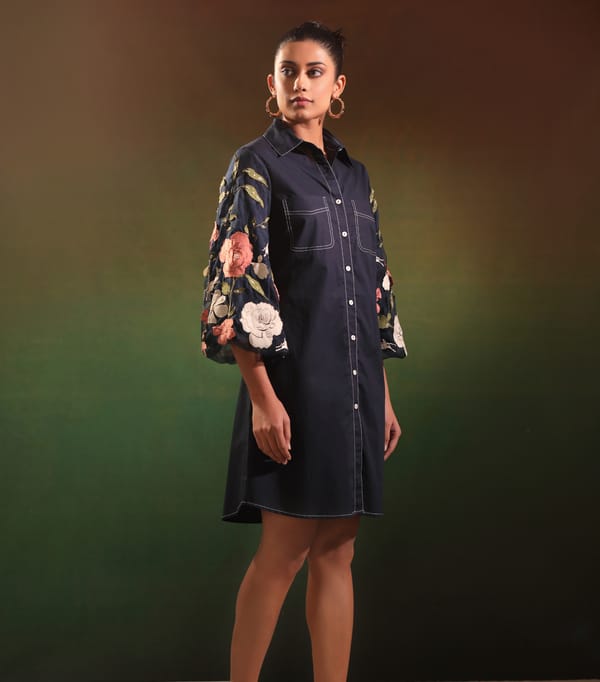 Navy Garden of Gulab Shirt Style Dress — RUCHIKA MALLIKA LABEL