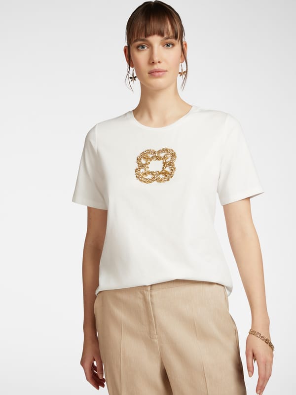 White Crew-Neck T-Shirt with Gold Embellished Motif — ELENA MIRO