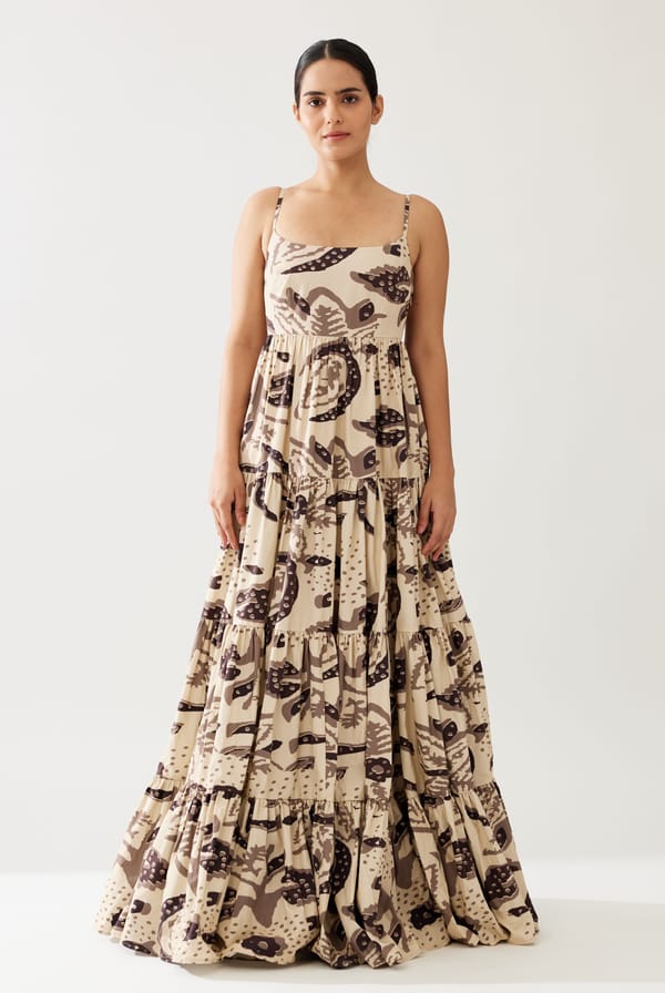 Cream And Dark Brown Floral Sleeveless Three Tier Dress — KoAi