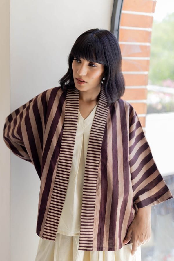 Maroon Meadow Striped Cotton Front-Open Shrug — Vraj Bhoomi