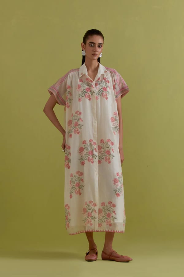 Off White Hand Block Printed Long Dress — Upavita