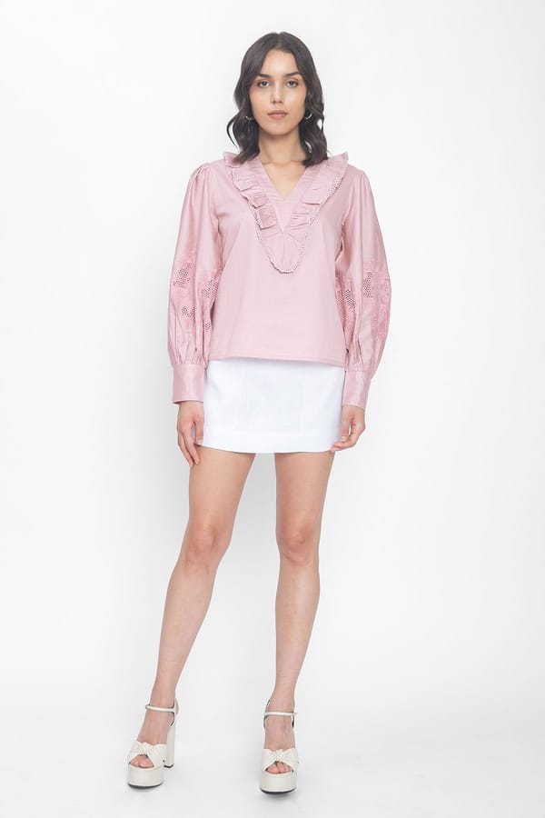 Dusty Pink Ruffle V-Neck Balloon Sleeve Top — Contemponari