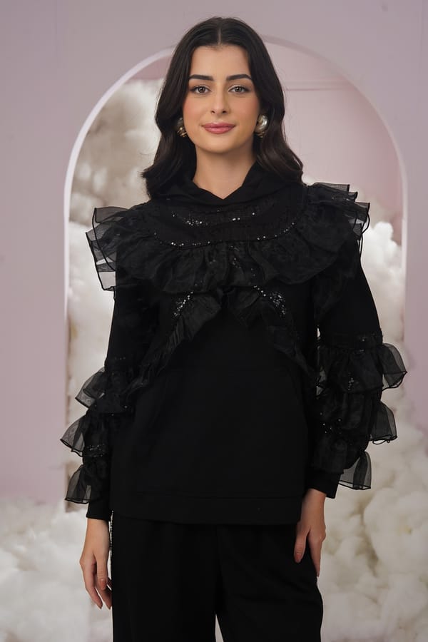 Black Hooded Ruffle Top with Tonal Sequin Detail — Chöjé