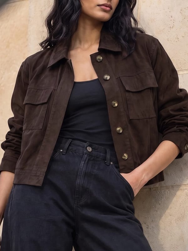 Coffee Brown Twill Crop Jacket — Femmella