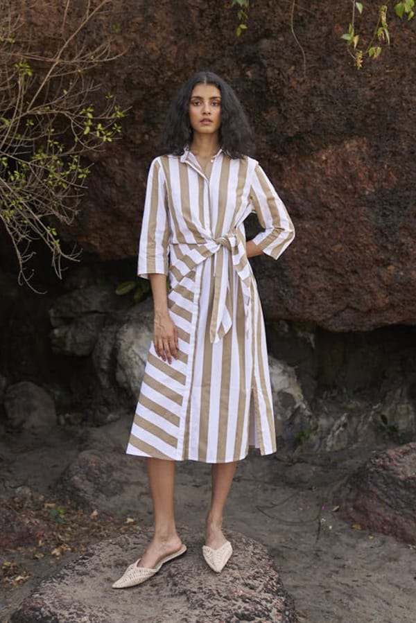 Khaki/White Striped Midi Shirt Dress with Side Tie — Dash and Dot
