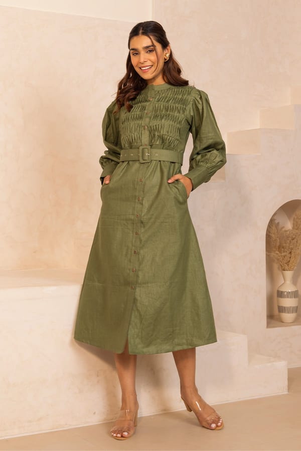 Olive Hemp Midi Shirt Dress with Belt — SHIBUI