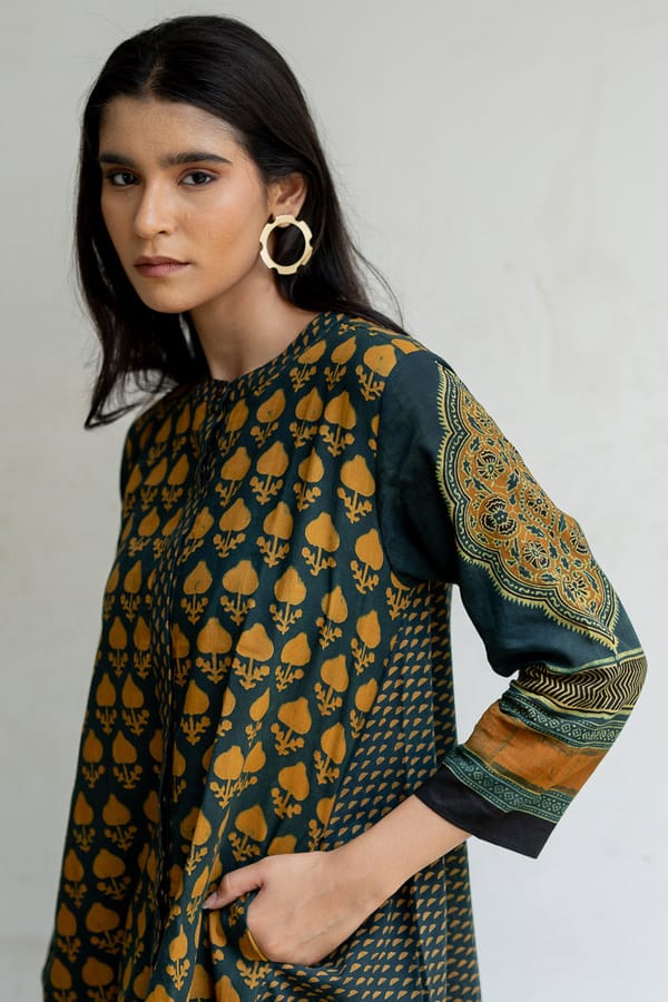 Forest Green A-Line Cotton Block Print Kurta — Vraj Bhoomi