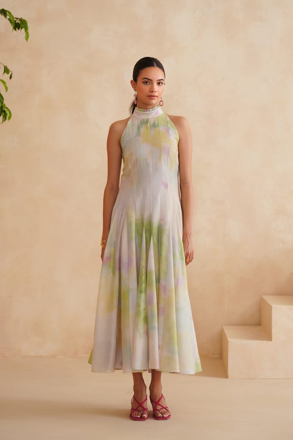 Mint Green Watercolor Print Halter Midi Dress — IERA