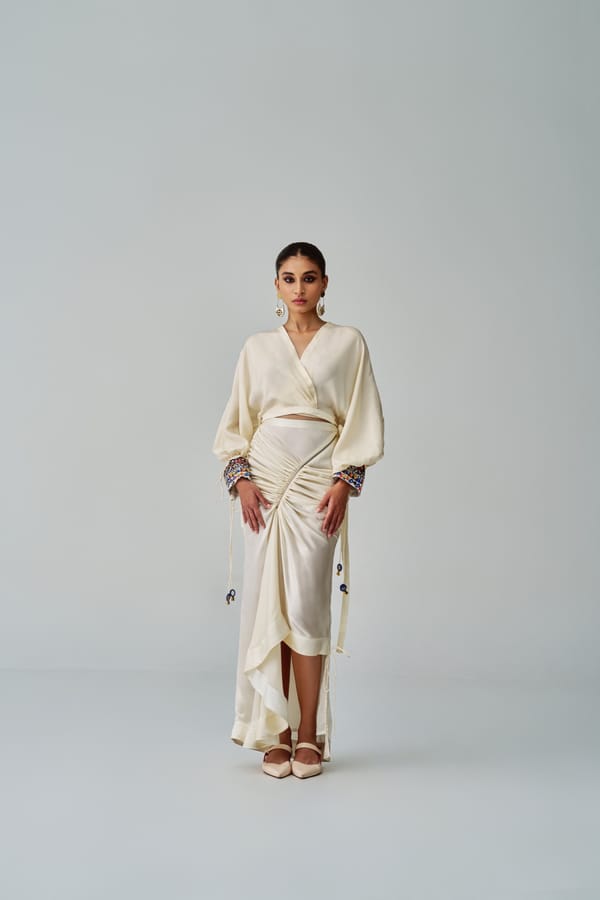 Ivory Habutai Wrap Blouse with Mirror-Work Embroidered Cuffs — Saaksha and Kinni