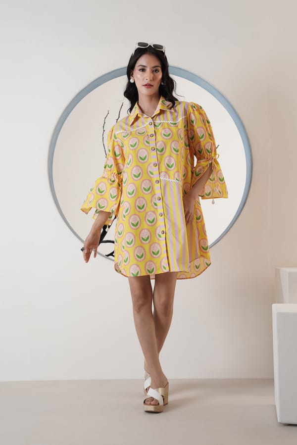 Yellow Mix and Match Printed Mini Shirt Dress — SURABHI ARYA
