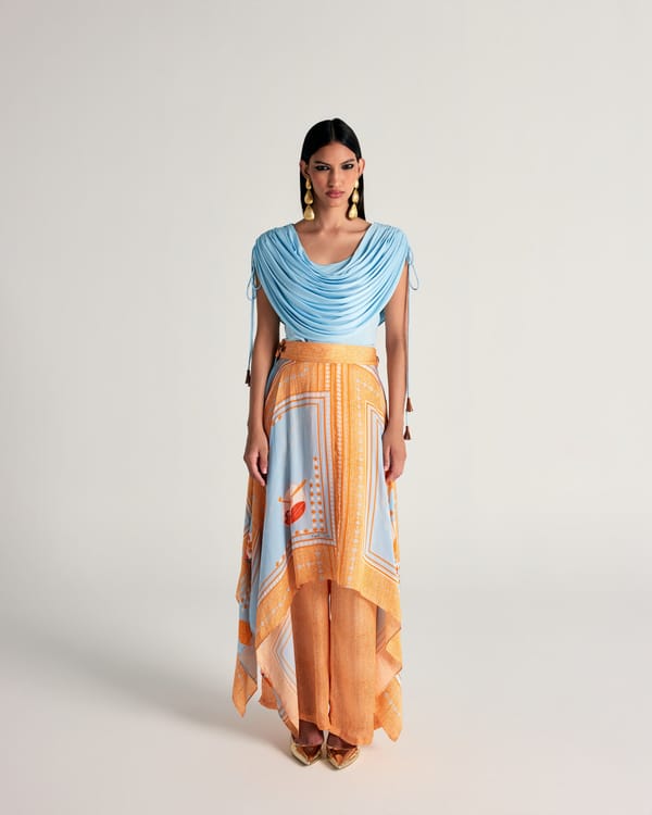 Blue and Orange Cowl Neck Handkerchief Skirt Co-ord Set — Kamaali Pret
