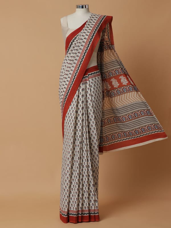 Hand Block Printed Cream-Red Cotton Mulmul Rozaana — BINKS