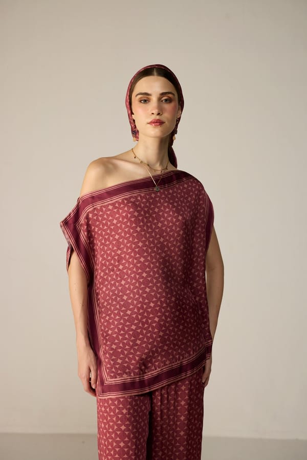 Orbit Berry One-Shoulder Scarf-Style Abstract Print Top — Calling June