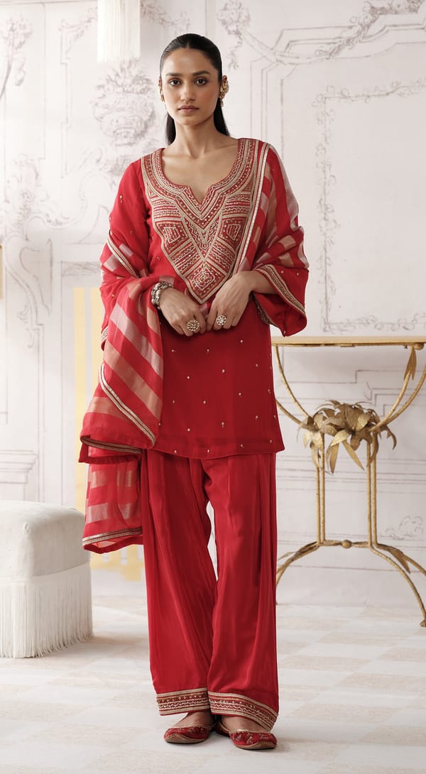 Red V-Neck Embroidered Kurta Set with Palazzo and Dupatta — Basanti Kapde aur Koffee
