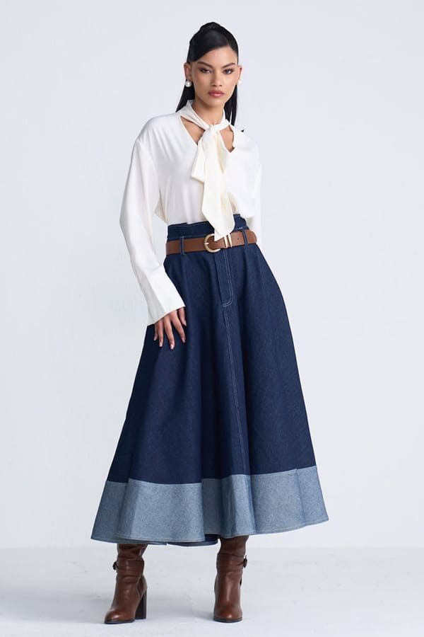 Navy Blue Cotton Denim A-Line Maxi Skirt — Sttavoss