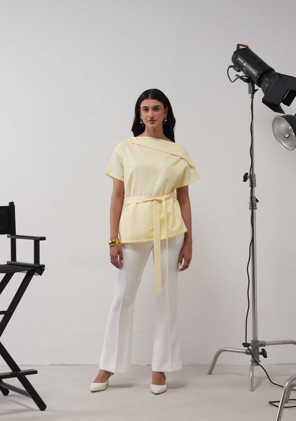 Butter Yellow Asymmetric Neck Co-ord Set with Belt — AMOSHI