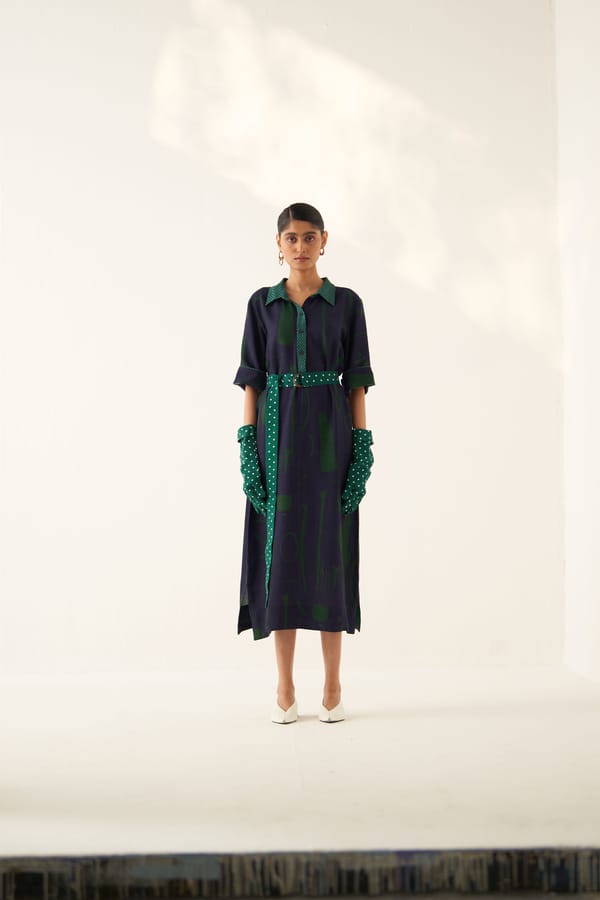 Navy and Green Abstract Printed Midi Shirt Dress — Ofrida