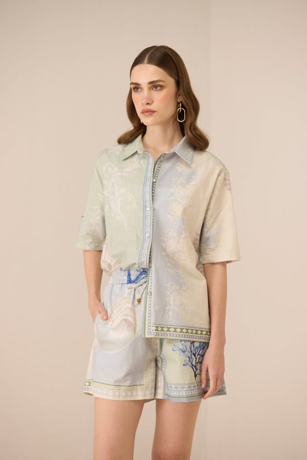 Marine Seafoam Printed Cotton Drawstring Shorts — Calling June