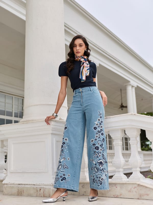 Blue High-Rise Wide-Leg Embroidered Jeans — Style Island
