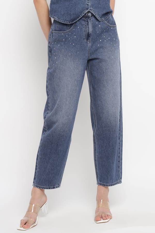 Ultramarine Rhinestone-Embellished Relaxed-Fit Jeans — Diana Gallesi