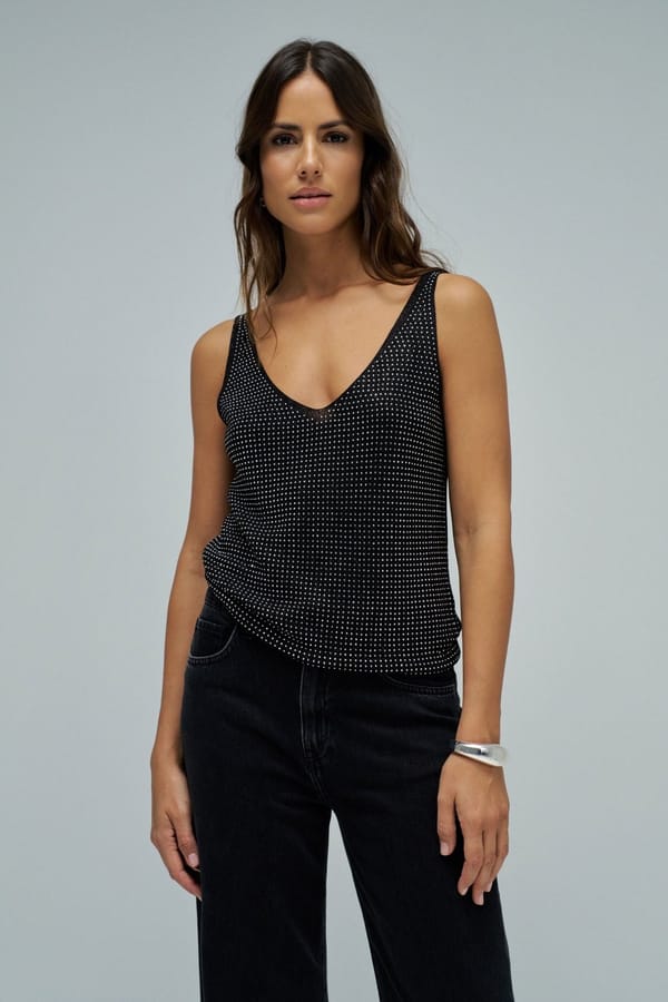 Black Studded V-Neck Sleeveless Knit Top — SALSA JEANS