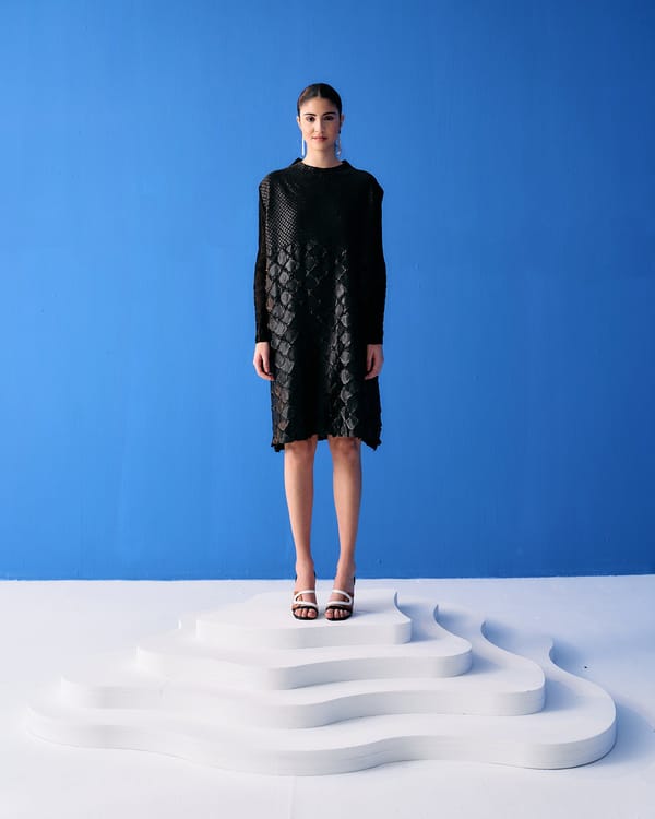 Black Textured A-Line Knee-Length Dress — Pleats by Aruni