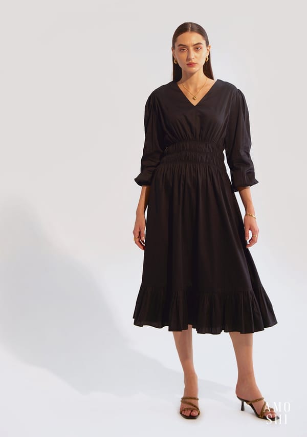Black Cotton V-Neck Smocked Fit and Flare Midi Dress — AMOSHI