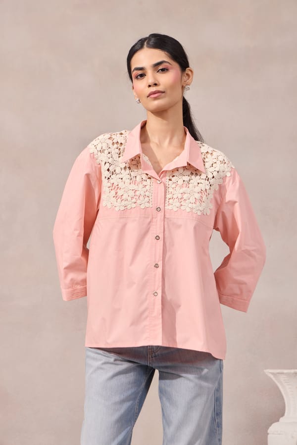 Foam Green Cotton Poplin Shirt with Crochet Yoke — 63East
