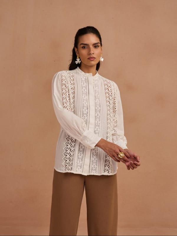 White Cotton Poplin Lace Insert Mandarin Collar Top — Style Island