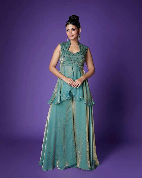 Sea Green Shimmer Tissue Peplum and Sharara Co-ord Set — QUNIC