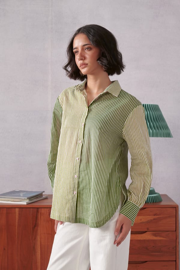 Green Striped Relaxed-Fit Cotton Button-Down Shirt — ROHO