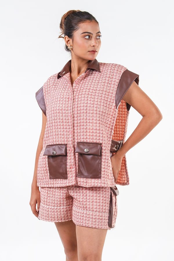 Pink Tweed Utility Vest and Shorts Co-ord Set — 9899