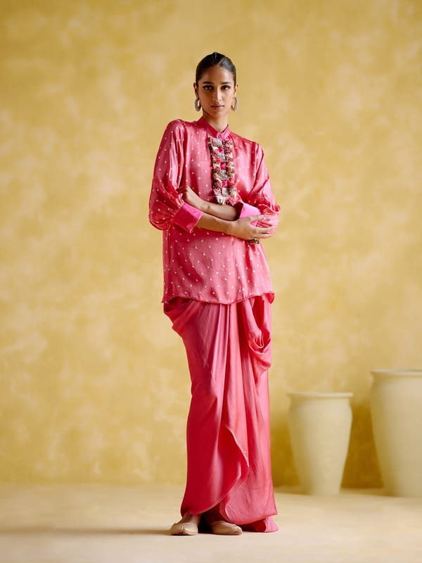 Pink Bandhani Satin Co-ord Set with Dhoti Pants — 5 Elements