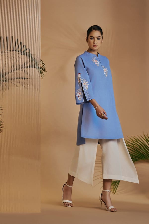 Blue and Ivory Embroidered Tunic Co-ord Set — Origani