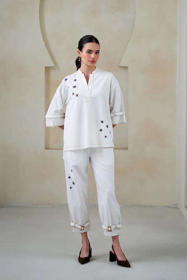 White Cotton Star Embroidered Co-ord Set — STITCH STORIES