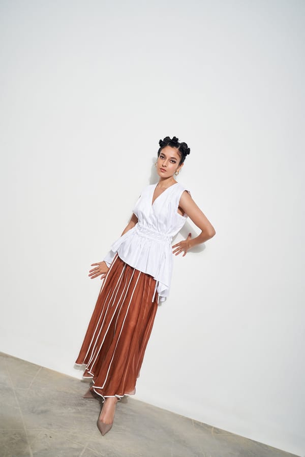 Brick Brown Panelled Maxi Skirt with Contrast Taping — Corpora Studio