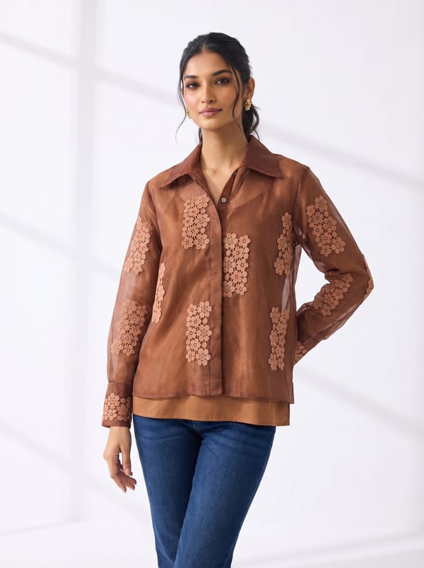 Brown Sheer Applique Button-Down Shirt with Slip — An'era by Asmita Verma