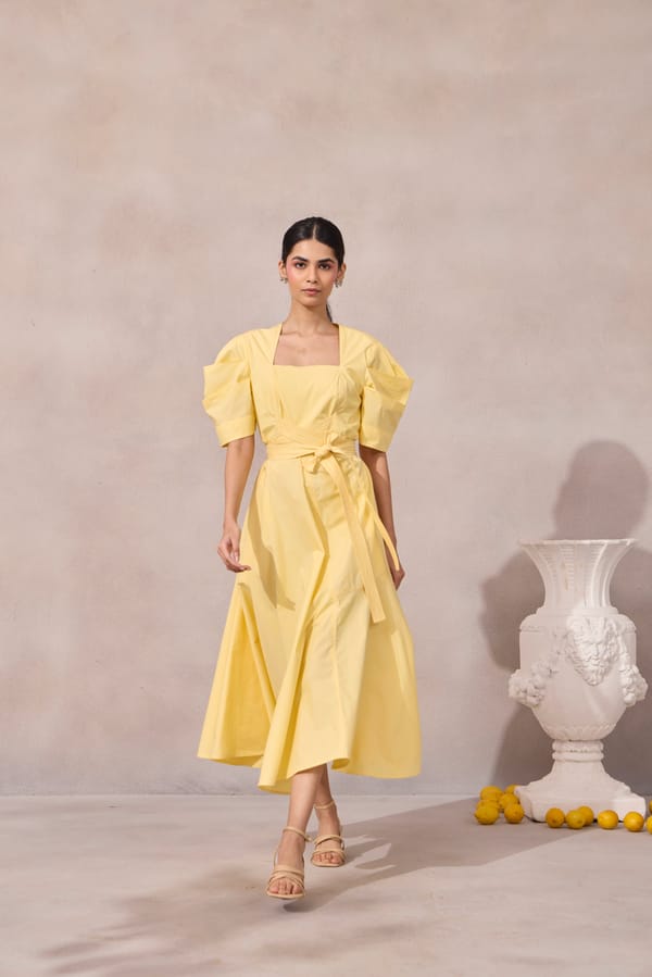 Lemon Sorbet Square Neck Fit and Flare Midi Dress — 63East