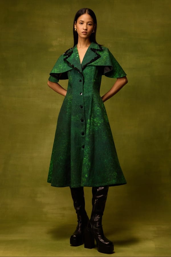 Green Printed Denim Fit and Flare Midi Cape Dress — Pocketful Of Cherrie