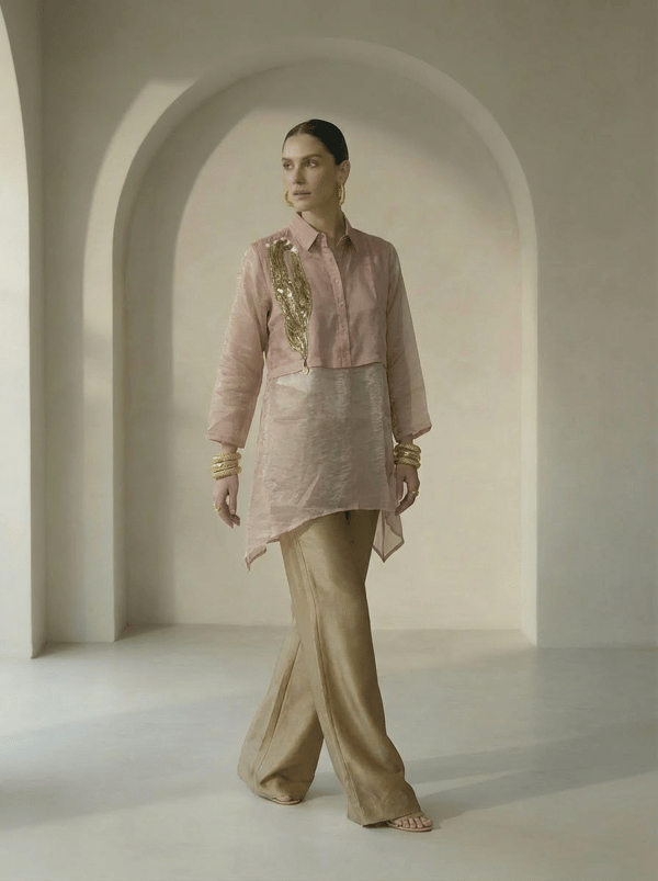 Peach Longline Asymmetrical Shirt with Sequin Patch — Missy Co.