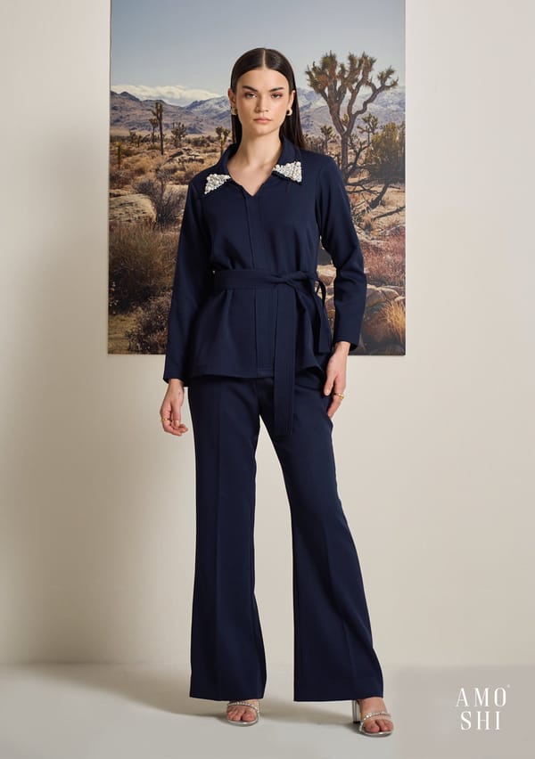 Navy Embellished Collar Shirt and Wide-Leg Co-ord Set — AMOSHI
