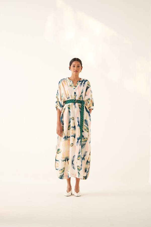 Off-White Abstract Printed Midi Dress with Mandarin Collar — Ofrida