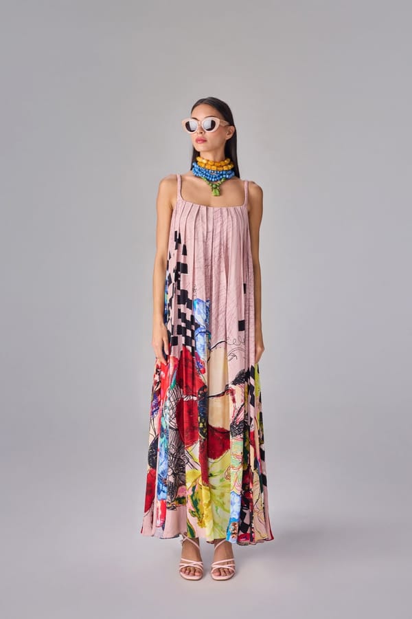Light Pink Multi Floral Abstract Print Swing Maxi Dress — Saaksha and Kinni